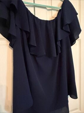 Navy Off-Shoulder Ruffle Blouse